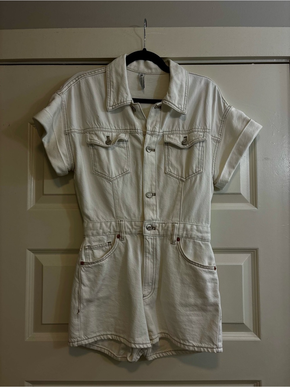 Zara White Denim Short Sleeve Romper